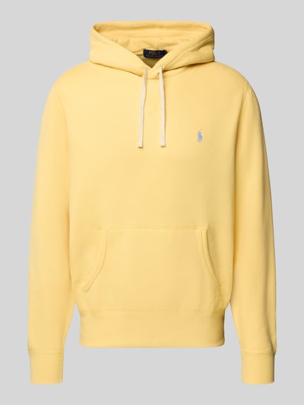 Produktfoto, Hoodie mit Label-Stitching von Polo Ralph Lauren z bawełnianej mieszanki, luźny krój, kolor żółty, kieszeń kangurka, ściągacze.