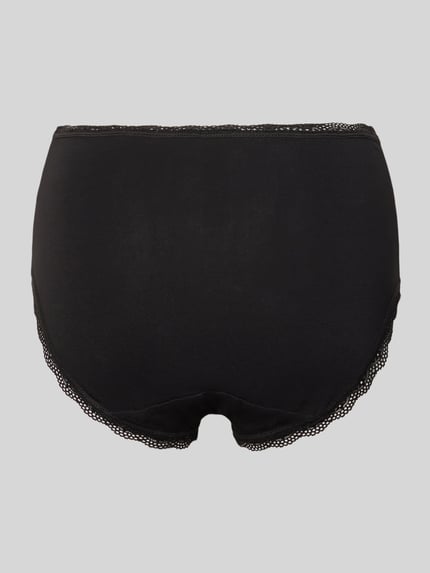 Vrouwenmodel draagt Slip met Spitzenbesatz im 3er-Pack van DORINA, zwart, katoen-elastaan, kanten details, aansluitende pasvorm, rugaanzicht.