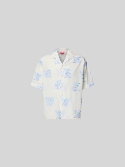 Produktfoto, Freizeithemd mit Allover-Motiv-Stitching von Kenzo, bawełniana mieszanka, krój relaxed fit, niebieski haft, kołnierz rewers, krótki rękaw, długość tyłu w rozmiarze M 74 cm, szerokość w rozmiarze M 51 cm, długość rękawa w rozmiarze M 29 cm