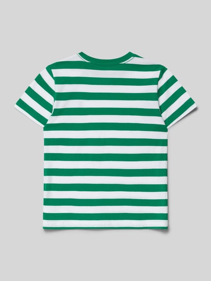 Productfoto, T-shirt met ronde hals en labelstitching van Polo Ralph Lauren Kids in puur katoen, regular fit, horizontale groene en witte strepen, ruglengte maat 116: 45 cm.
