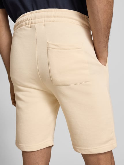 Männermodel trägt Sweatshorts mit elastischem Bund Modell 'KARLOS' von Blend, beigefarbener Baumwoll-Mix, Regular Fit, Ganzkörperansicht Rückansicht.