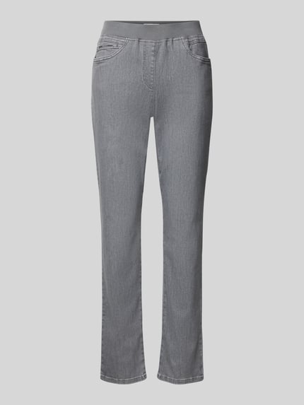 Productfoto, Straight Fit Jeans met elastische tailleband van Raphaela by Brax, katoenmix met stretch, grijze kleur, vijfzakdesign, sierbies