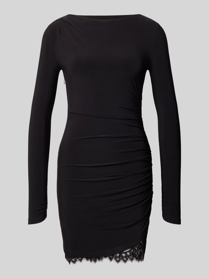 Produktfoto, czarna sukienka koktajlowa z obszyciem koronką, Mieszanka materiałów z dodatkiem streczu, fason podkreślający figurę, sukienka mini, Model 'Eloise' od Forever New, Długość tyłu w rozmiarze 36: 90 cm, Szerokość w rozmiarze 36: 40 cm, Długość rękawów w rozmiarze 36: 62 cm