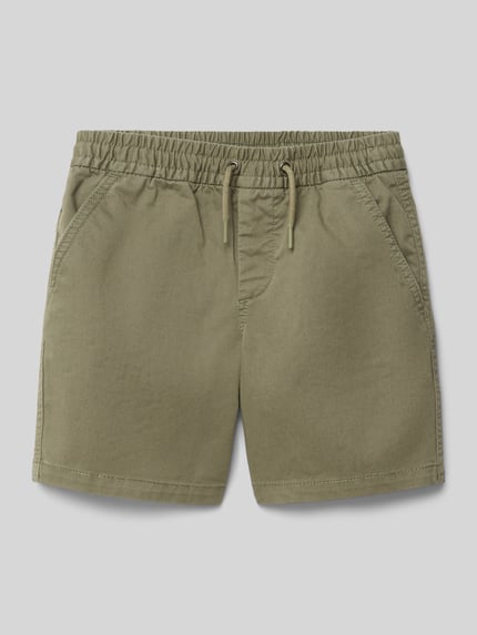 Produktfoto, Shorts mit Eingrifftaschen und elastischem Bund von GAP aus Baumwoll-Mix mit Stretch-Anteil, Loose-Fit, olivgrün, sichtbarer Kordelzug, Label-Detail, Kindergrößen, Bundweite bei Größe 116: 30 cm, Innenbeinlänge 14 cm.