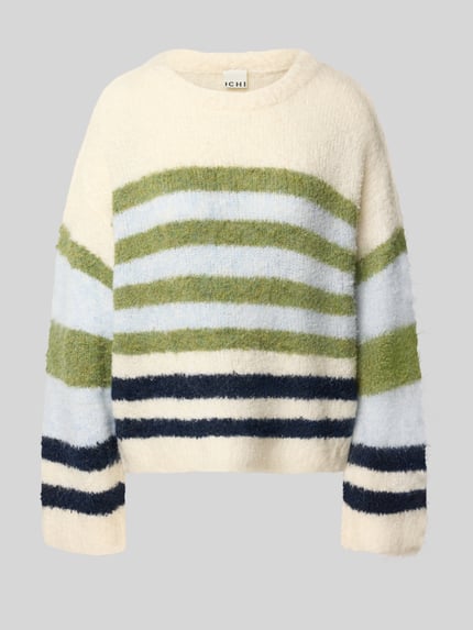 Produktfoto, Strickpullover mit Rundhalsausschnitt Modell 'BOSELE' von ICHI, gestreift in Creme, Hellblau, Olivgrün und Dunkelblau, Damen Strickpullover im Loose Fit, grobe weiche Textur, Baumwoll-Mix