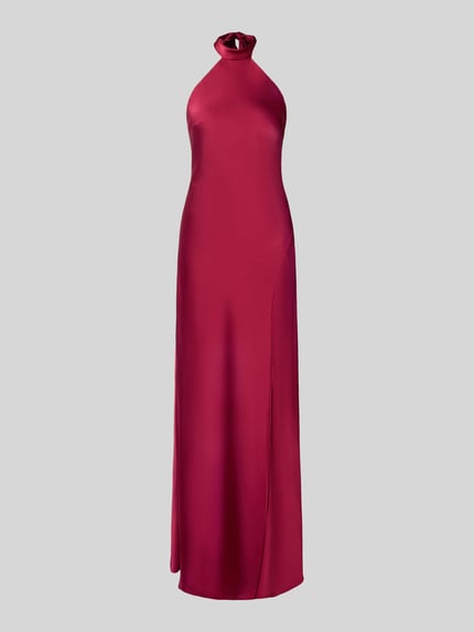 Produktfoto, Abendkleid mit Neckholder zum Binden von Mascara in glänzendem Satin, körpernahe Passform, Maxikleid, bordeauxrot