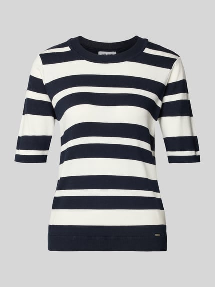 Produktfoto, Strickshirt mit Rundhalsausschnitt und Label-Detail von More & More, Damen, Viskose-Elasthan-Mix, Regular Fit, Streifenmuster navy-weiß
