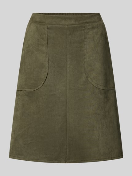 Produktfoto, Minirock in Leder-Optik Modell 'Ha44rperr' von ZABAIONE, olivgrün, A-Linie, glatte Textur, Eingrifftaschen, Material-Mix, knielang