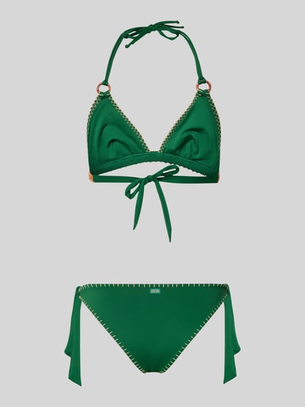 Produktfoto, Bikini mit Häkelspitze von Banana Moon in Grün mit Ziernähten, Material-Mix mit Stretch-Anteil und Schnürung, körpernah