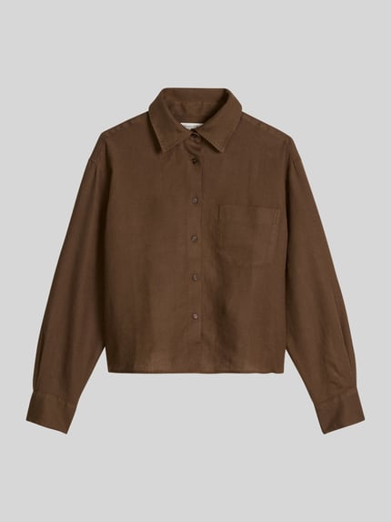 Produktfoto, Relaxed Fit Hemdbluse aus reinem Leinen von Marc O'Polo in Braun, Optik: Unifarben, Passform: Relaxed-Fit, Hemdblusenkragen, V-Ausschnitt, Verschluss: Knopfleiste, Ärmelform: Langarm, Ärmelabschluss: Manschette, Rumpfabschluss: Abgerundet, Brusttasche, Material: Leinen