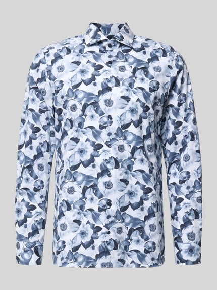 Produktfoto, Slim Fit Business-Hemd mit Kentkragen und floralem Muster von OLYMP Level Five, blaue Blumen, reine Baumwolle, weiße Basis