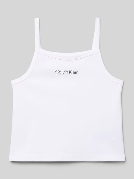 Produktfoto, weißes Regular Fit Trägertop aus Viskose-Mix Modell 'PUNTO STRAP TOP' von Calvin Klein Jeans, unifarbene Optik, Label Print.