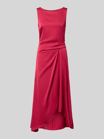 Produktfoto, cocktailjurk met asymmetrische zoom van Vera Mont in rood, getailleerd model, boothals, plooien aan taille, ritssluiting achter, midi-jurk, ruglengte maat 36: 128 cm, borstwijdte maat 36: 45 cm