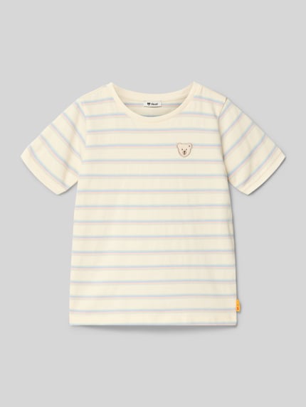 Productfoto, Regular Fit T-shirt met Logostitching van Steiff, katoenmix, gestreept in lichte tinten, ronde hals, elastische mouwboorden, ruglengte maat 116: 42 cm.