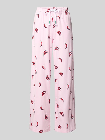 Productfoto, roze wide fit pyjamabroek van katoenmix met all-over motiefprint, elastische band met tunnelkoord, Wide Fit Pyjama-Hose aus Baumwoll-Mix van Mey, dames pyjamabroek