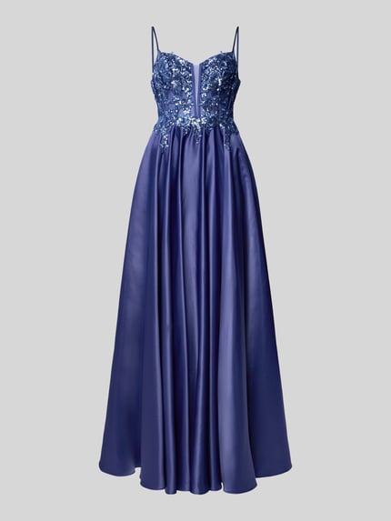 Produktfoto, Abendkleid mit Paillettenbesatz von Mascara aus blauem Satin in Maxilänge, taillierte Passform, florale Spitze, ärmelloses Design mit Spaghettiträgern, Nahtreißverschluss, Damen Abendkleid.