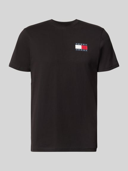 Produktfoto, Slim Fit T-Shirt aus reiner Baumwolle von Tommy Jeans voor Heren in zwart met wit-rood logo, gladde structuur