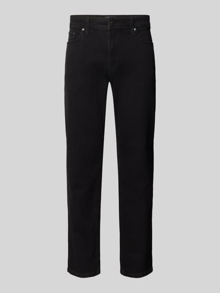 Produktfoto, Straight Fit Jeans aus elastischem Baumwoll-Mix von JACK & JONES, czarne, proste nogawki, 5 kieszeni, szlufki na pasek, zapięcie na guzik i zamek błyskawiczny, Szerokość w rozmiarze 32/32: 41 cm, Długość wewnętrzna nogawki: 76 cm, mieszanka bawełny, JACK & JONES