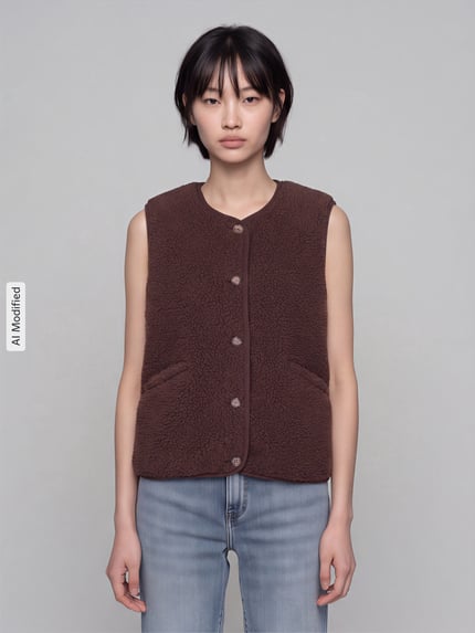 Vrouwenmodel draagt Regular fit bodywarmer in teddybontlook model 'BABY' van ONLY, Dames, bruin, textuur teddybont, Ganzichaansicht van voren, KI-modified beeld