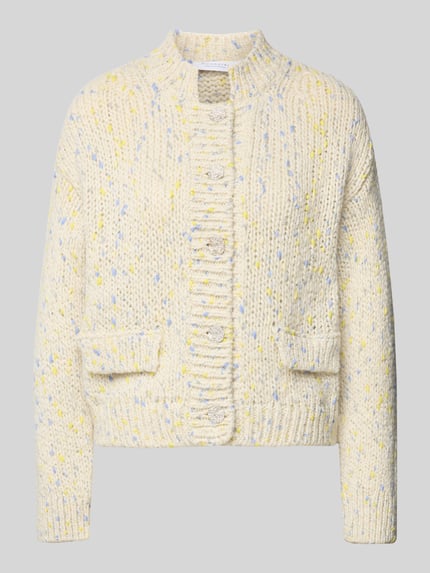 Produktfoto, Strickjacke mit Knopfleiste von Rich & Royal im Schurwoll-Mix mit gelben und blauen Punkten, lockerer Schnitt, gerippte Abschlüsse, Stehkragen, Pattentaschen.