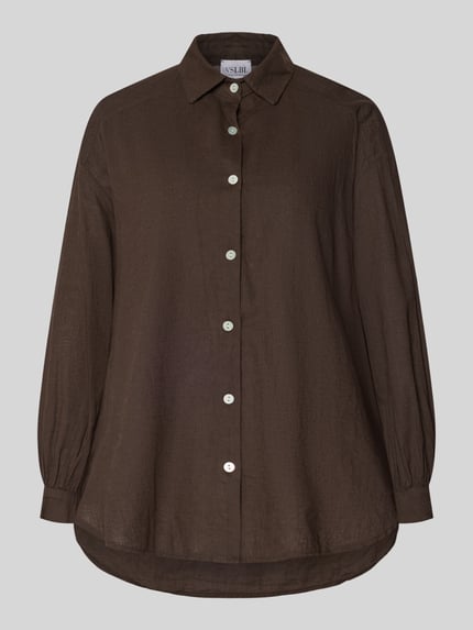 Productfoto, Loose Fit Langarmbluse aus Leinen-Baumwoll-Mix Modell 'ANIKA' van VILLA SOPHIE, effen donkerbruin, flammengaren, hemdkraag, knoopsluiting, 3/4-mouw met manchet, damesblouse.
