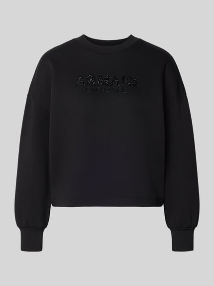 Produktfoto, Sweatshirt mit Logo-Print und Rundhalsausschnitt von ARMANI EXCHANGE, Damen Sweatshirt aus schwarzem Baumwoll-Mix mit Stretch-Anteil, Loose-Fit, glatte Oberfläche, sichtbarer Logo-Print auf der Vorderseite.