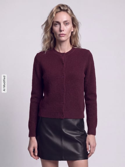 Frauenmodel trägt Regular Fit Strickjacke mit Woll-Anteil Modell 'MALOU' von PIECES in Dunkelrot, glatter Stoff, Ganzkörperansicht von vorne, KI-modifiziertes Bild.