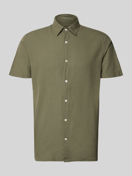 Produktfoto, Regular Fit Freizeithemd aus Baumwoll-Leinen-Mix von Jack & Jones in Olivgrün, Kentkragen, Knopfleiste, glatte Textur
