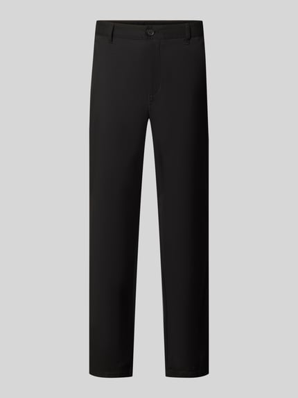 Produktfoto, Straight Fit Hose mit Viskose-Anteil von Armani Exchange in Schwarz, glatte Oberfläche, Eingriff- und Gesäßtaschen, elastischer Material-Mix, Knopf- und Reißverschluss, Bundweite 44 cm, Innenbeinlänge 84 cm.