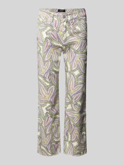 Produktfoto, Flared Fit Jeans mit Allover-Paisley-Print von Marc Cain in Creme mit grün-rosafarbenem Paisley-Muster, Baumwoll-Mix, 5-Pocket-Design, Knopf- und Reißverschluss, verkürzte Passform