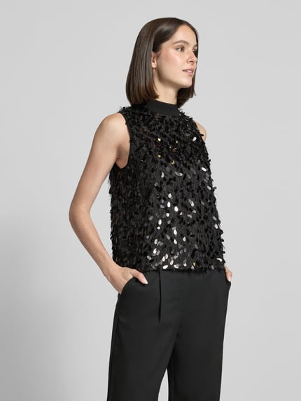Frauenmodel trägt schwarzes Top mit Pailletten Modell 'GIOIOSA' von Marella, Stehkragen, Regular Fit, Ganzkörperansicht von vorne.