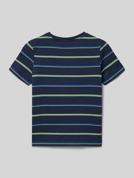 Produktfoto, Regular Fit T-Shirt aus Baumwoll-Mix von s.Oliver RED LABEL, Kinder T-Shirt mit Optik: Allover-Muster, gestreift, navy-blau mit feinen grünen und blauen Streifen, Rundhals, Kurzarm, glatte Textur
