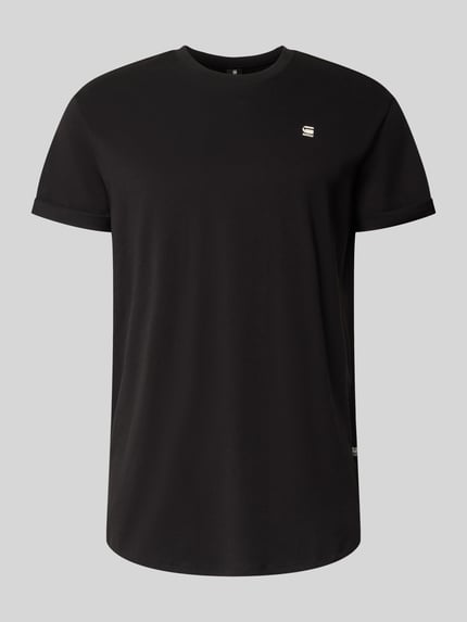 Produktfoto, schwarzes T-Shirt mit Label-Detail von G-Star, Herren T-Shirt, Reine Bio-Baumwolle, Gerader Schnitt, Rundhalsausschnitt, fixierte Ärmelumschläge, Rückenlänge 76 cm bei Größe L, glatte Textur.
