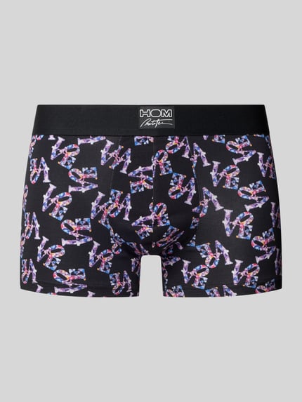 Produktfoto, schwarzer Baumwoll-Mix mit buntem Allover-Print, Slim Fit Trunks Modell 'Pop Love' von HOM, Logo-Detail am Bund