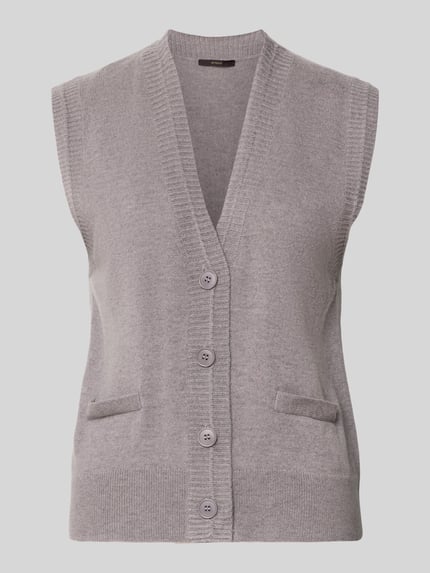 Productfoto, mouwloos vest van windsor. in lichtgrijs, Mix van scheerwol en kasjmier, regular fit, V-hals, doorlopende knoopsluiting, strookzakken, ribboorden, ruglengte maat 36: 53 cm