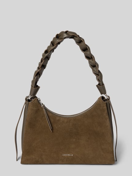 Produktfoto, Handtasche aus echtem leder Modell 'BOHEME' von Coccinelle in olivgrün mit schouderband, labeldetail, rits en binnenzak met rits, binnenvakken, breedte 28 cm, lengte 23 cm, diepte 11 cm, schouderbandlengte 54 cm