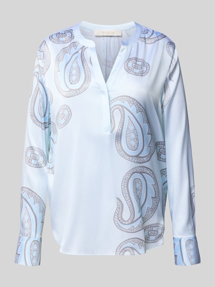 Produktfoto, Regular Fit Bluse aus Seiden-Mix von HERZENS, jasnoniebieski materiał z paisleyowym wzorem, długi rękaw, tunikowy dekolt