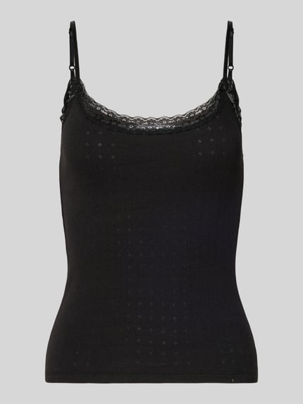 Produktfoto, Slim Fit Top mit Spitzenbesatz Modell 'Ajour' von REVIEW, schwarze Reine Baumwolle, feine Struktur, Zierschleife, Spaghettiträger.