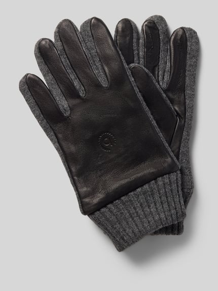 Productfoto, Handschoenen uit echt leer van bugatti, zwart leer met grijze elastische boorden en labeldetail, fijne textuur