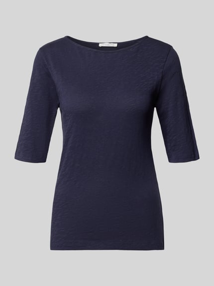 Produktfoto, T-Shirt mit U-Boot-Ausschnitt von Christian Berg Woman, granatowy kolor, melanżowa faktura, czysta bawełna, krój regular fit, długość pleców w rozmiarze S: 58 cm