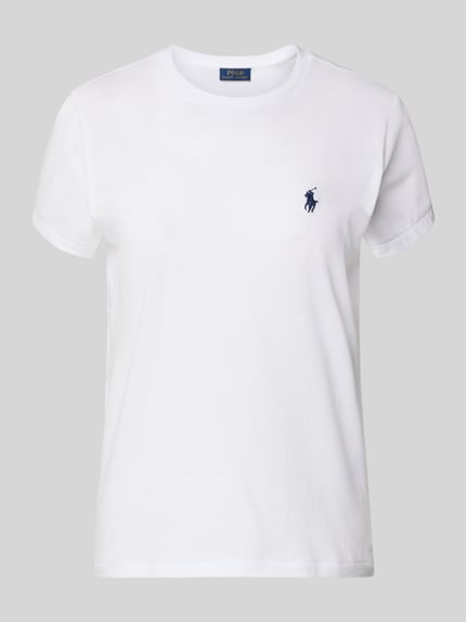 Produktfoto, T-Shirt mit Logo-Stitching von Polo Ralph Lauren, Damen T-Shirt aus reiner Baumwolle, gerader Schnitt, unifarbenes Design, gerippter Rundhalsausschnitt