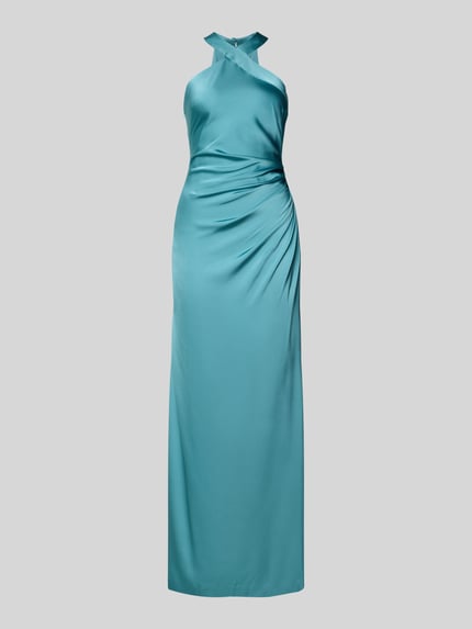Produktfoto, Abendkleid mit Neckholder von Adrianna Papell in Türkis, glänzender Material-Mix mit Stretch-Anteil, taillierter Schnitt, seitliche Raffungen, Knopfverschluss, fließende Textur, Rückenlänge 50 cm und Brustweite 41 cm bei Größe 36.