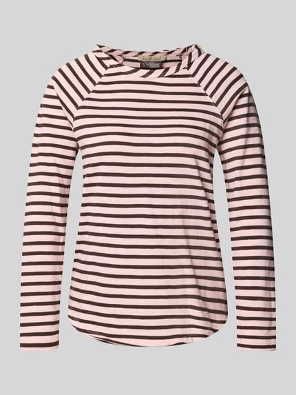 Produktfoto, Langarmshirt mit abgerundetem Saum von Smith and Soul, rosa-braun gestreift, reine Baumwolle, gerader Schnitt, Rundhalsausschnitt.