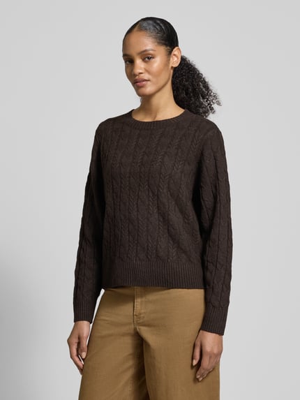 VERO MODA Sweter z dzianiny o kroju regular fit ze ściegiem warkoczowym model ‘ARIES’ Czekoladowy 4