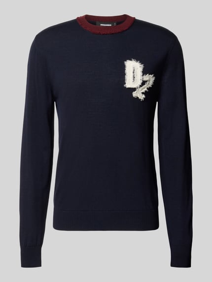 Productfoto, Slim Fit Strickpullover aus reiner Wolle mit Logo-Patch van Dsquared2, zwarte wol, geribbelde boorden, lang mouwdesign, logo-applicatie, herenmode.