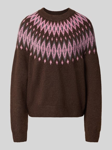 REVIEW Pullover mit Jacquard-Strickoptik Modell 'FAIR ISLE KNIT' Dunkelbraun Melange 1