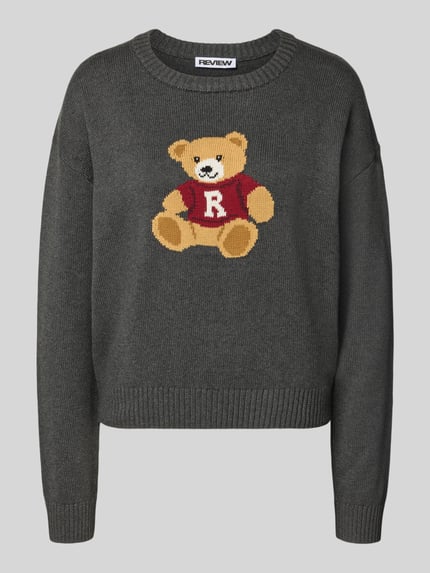 Produktfoto, Strickpullover aus reiner Baumwolle von REVIEW in Dunkelgrau mit lockerer Passform, Rundhalsausschnitt, Bärenmotiv, gerippte Abschlüsse