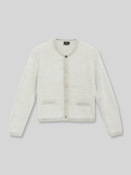 Produktfoto, cremeweiße Regular Fit Strickjacke aus mit Crew Neck von s.Oliver BLACK LABEL, gerade Form, strukturierte Oberfläche
