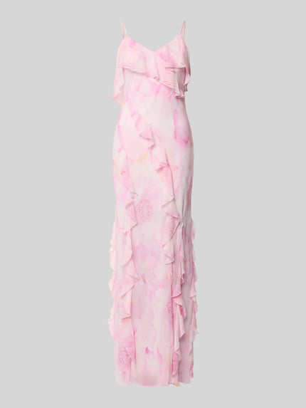 Produktfoto, Slim Fit Maxikleid mit Rüschenbesatz van Jake*s Cocktail, roze all-over print, spaghettibandjes, v-hals, zachte structuur