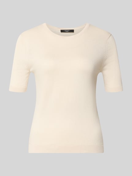 Produktfoto, Slim Fit Strickpullover aus Seide-Baumwoll-Mix Modell 'GABARRA' von Weekend Max Mara, Optik: Unifarben, cremefarben, Struktur: Strick, Rundhalsausschnitt, Kurzarm, gerippte Abschlüsse